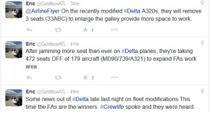 tweets from Eric on twitter Delta seats changes for FAs work comfort (1)