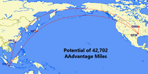 American Airlines AAdvantage Mileage Run OMA-DFW-HKG-CGK March 2016 Route Map