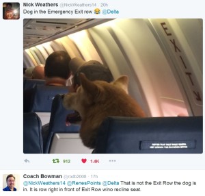 coach bowman points out dog is NOT in the exit row but in front of exit