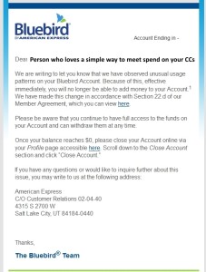 email from bluebird about closing account