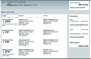 Houston to Hong Kong American Airlines March 2016 Mileage Run Booking