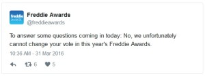 tweet from freddie awards about alaska