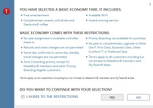 warning popup box for delta basic e class fares