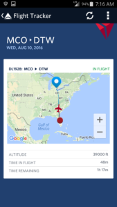 Fly Delta APP screen shot of my jet flying up from MCO