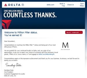 my email from delta for million miler gift choice renespoints blog