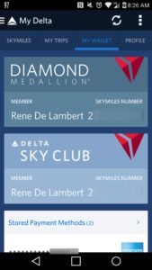 screen shot from fly delta app renespoints sky club and skymiles cards
