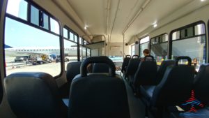 a bus with seats in the back