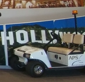 a golf cart parked in a room