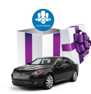 a black car with a purple and white box and a blue logo