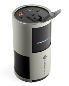 a black and grey cylindrical device with a usb port