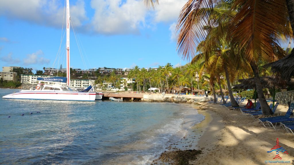 a beach with palm trees and a boat