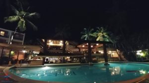 a pool with palm trees at night