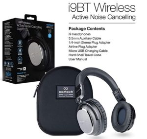 a black wireless headphones with a box