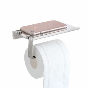 a cell phone on a toilet paper holder