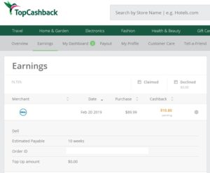 a screenshot of a cashback website