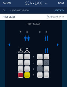 Image of a Delta first class seat map as seen on the iPhone version of the Fly Delta app.