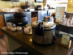 Pots of miso soup and rice are seen at The CLUB at SJC airport lounge at Norman Y. Mineta San Jose International Airport in San Jose, California.