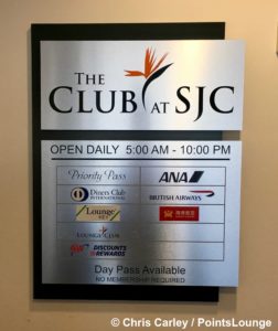A sign is displayed outside The CLUB at SJC airport lounge at Norman Y. Mineta San Jose International Airport in San Jose, California.