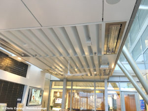 Misters, heating elements, and fans are seen on the ceiling of the Sky Deck of the Delta Sky Club Austin airport lounge in Austin, Texas. Photo © Chris Carley / PointsLounge