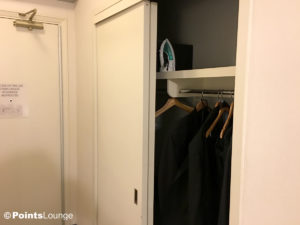 A view of the closet in a room at the Stewart Hotel New York City in midtown Manhattan, NY.