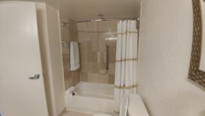 a bathroom with a shower curtain