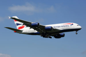 London, United Kingdom - May 13, 2016: A British Airways Airbus A380 with the registration G-XLEB approaching London Heathrow Airport (LHR) in the United Kingdom. The Airbus A380 is the world's largest passenger airliner. British Airways is the flag carrier airline of the United Kingdom based at London Heathrow airport.