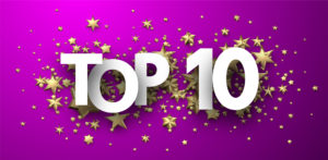 Top 10 sign with gold stars. Rating or hit-parade header. Vector background.
