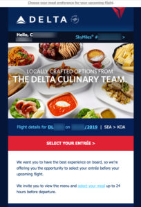 Screenshot of an email inviting a Delta passenger to pre-order a first class meal.