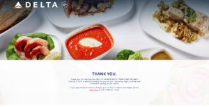 Confirmation that a Delta first class passenger has successfully pre-ordered a first class meal.