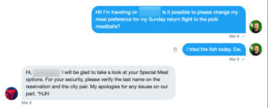 @Delta Twitter assisting passenger with first class meal change.
