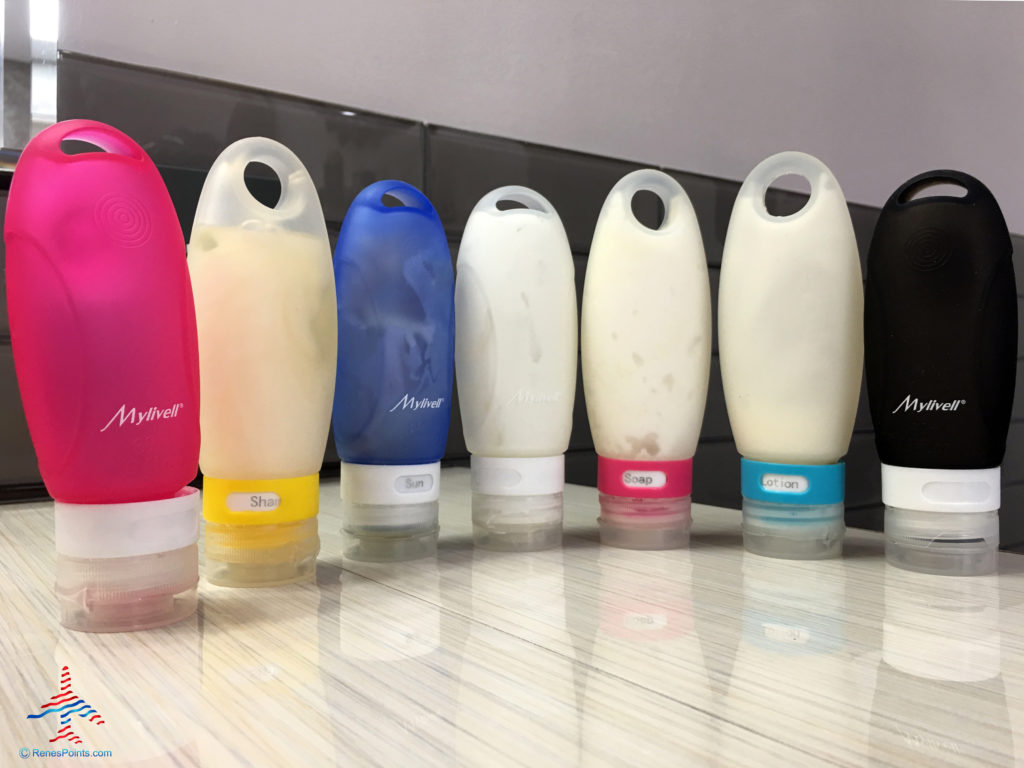 Leakproof, silicone travel toiletry bottles.