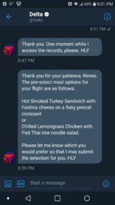 Screenshot of a Delta Twitter representative assists a customer with pre-ordering their first class meal five days prior to a trip.