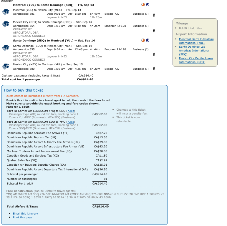 Sample Delta MQD run itinerary on Aeromexico from Montreal (YUL) to Santo Domingo (SDQ).