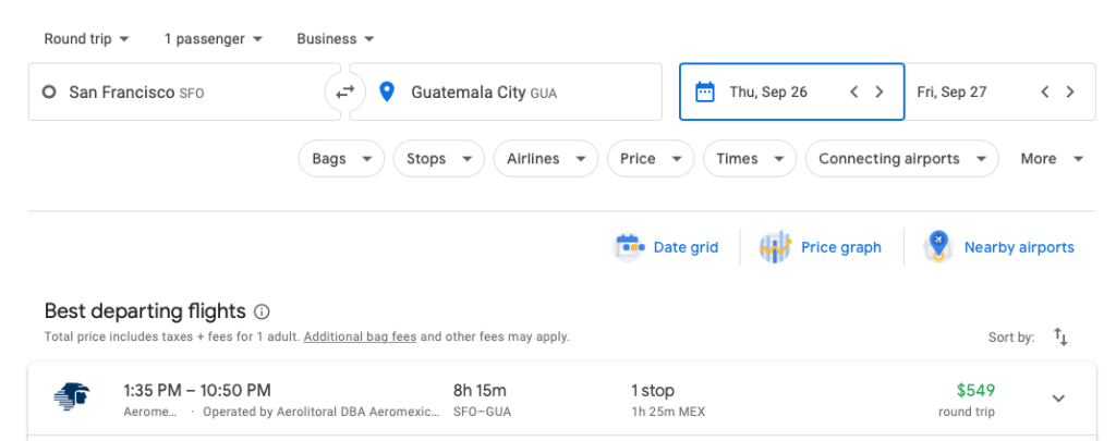 Google Flights Aeromexico mileage run from San Francisco to Guatemala City.