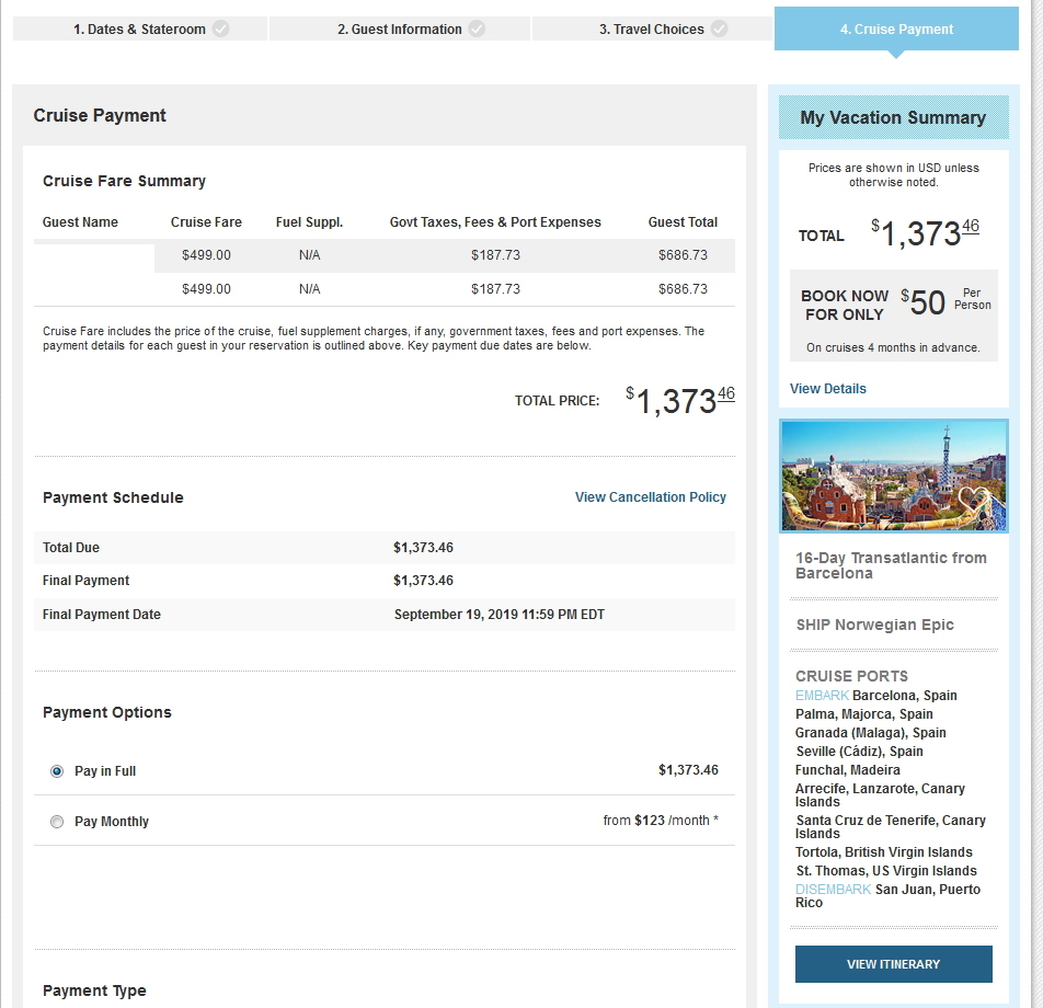 a screenshot of a cruise payment