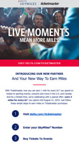 Email announcing Delta and Ticketmaster's promotion for SkyMiles on ticket purchases.