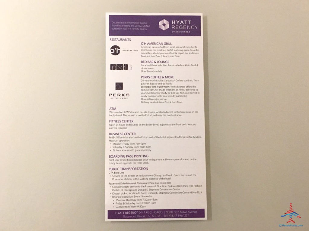 An amenity and feature card is seen inside an executive king bedroom at the Hyatt Regency O'Hare Chicago airport hotel in Rosemont, Illinois.