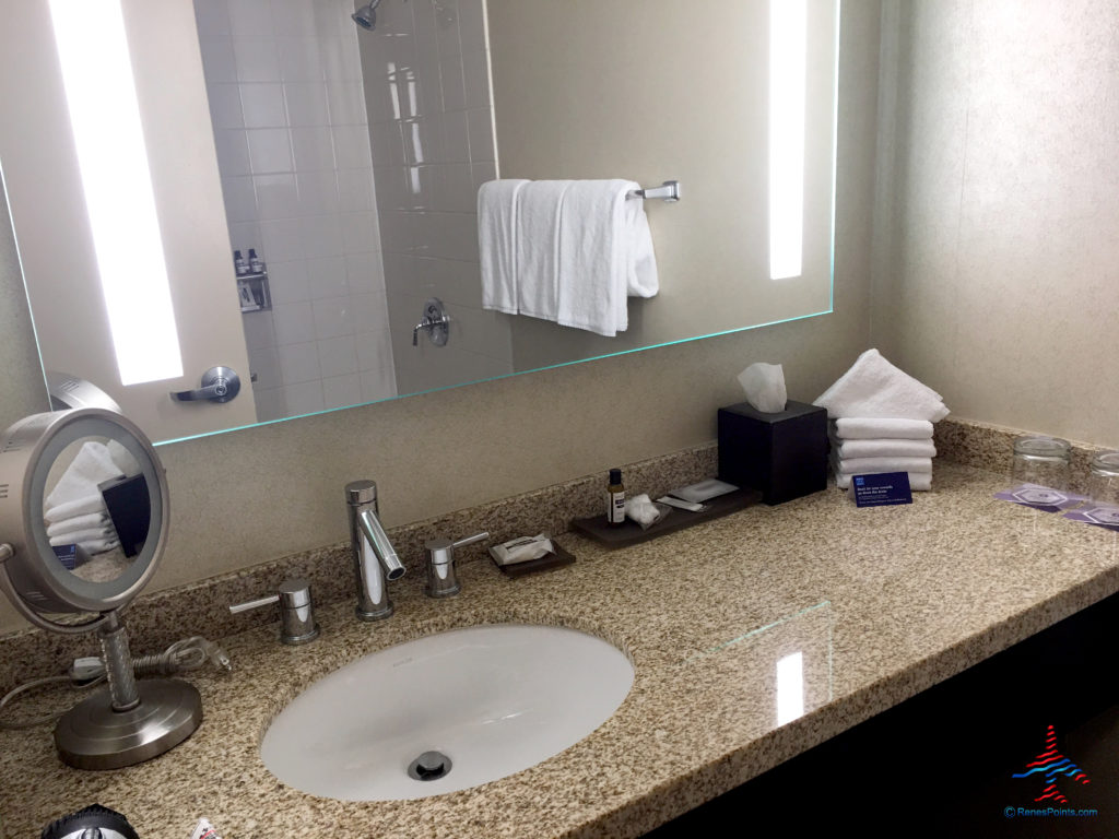 The bathroom in an executive king bedroom is seen at the Hyatt Regency O'Hare Chicago airport hotel in Rosemont, Illinois.