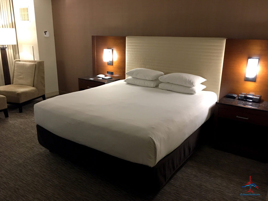 A kingsize bed is seen inside an executive king bedroom at the Hyatt Regency O'Hare Chicago airport hotel in Rosemont, Illinois.