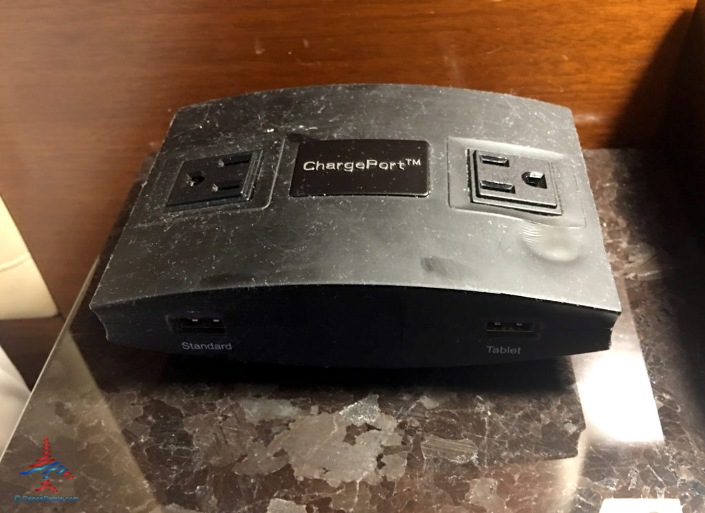 A ChargePort power recharging device is seen in an executive king bedroom at the Hyatt Regency O'Hare Chicago airport hotel in Rosemont, Illinois.