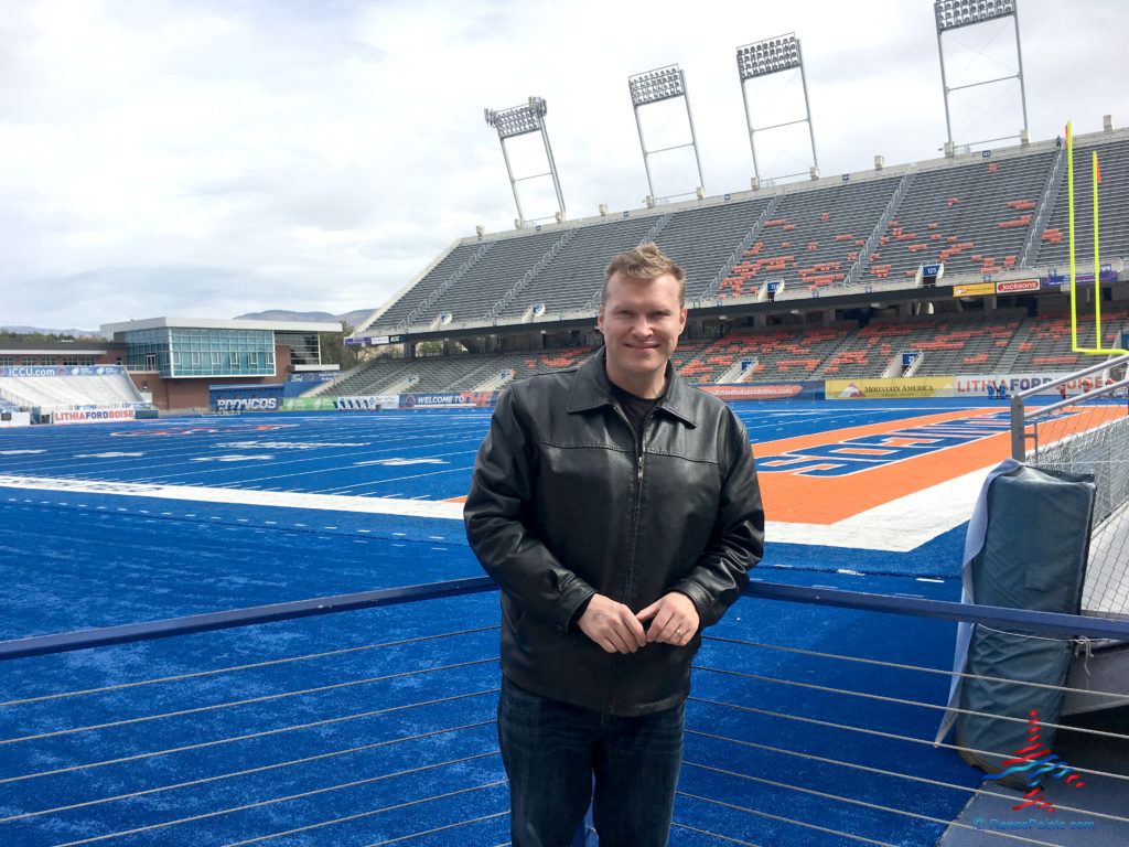 Chris Carley of Eye of the Flyer blog poses at Albertsons Stadium in Boise, Idaho, in October 2019.