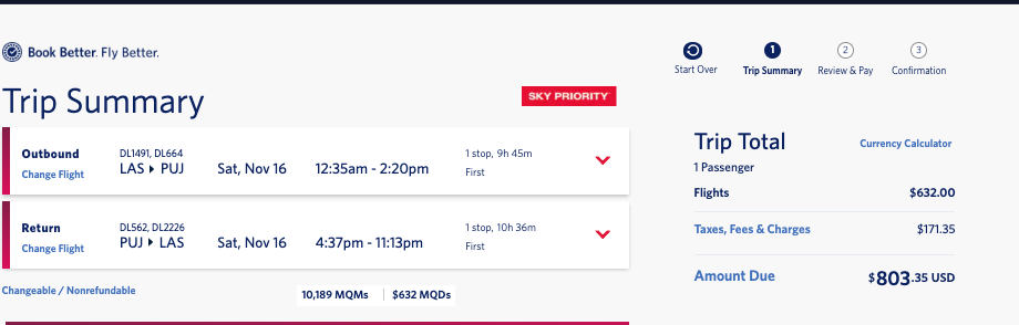 Delta first class mileage run from Las Vegas to Punta Cana