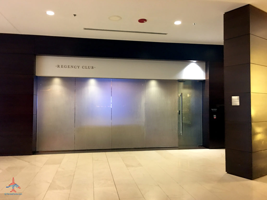The entrance to the Regency Club lounge is seen inside the lobby of the Hyatt Regency O'Hare Chicago airport hotel in Rosemont, Illinois.