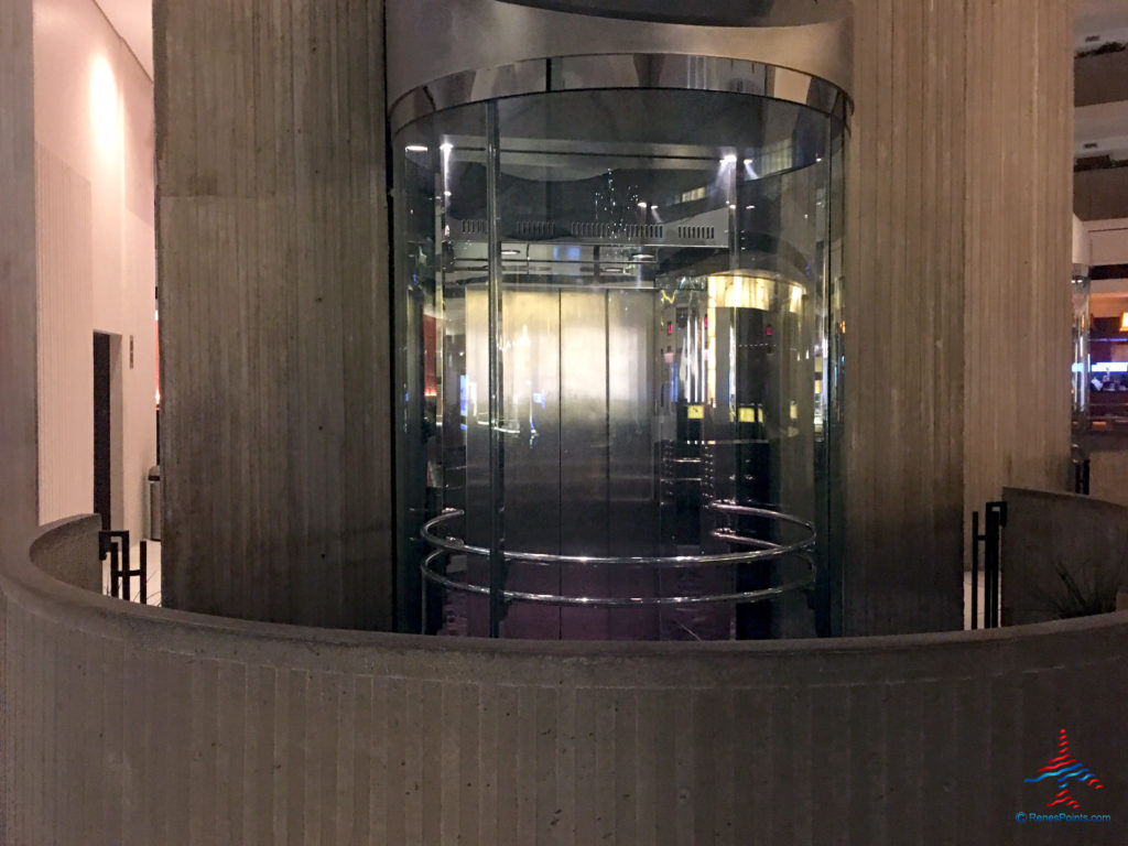 A glass elevator in seen inside the lobby of the Hyatt Regency O'Hare Chicago airport hotel in Rosemont, Illinois.