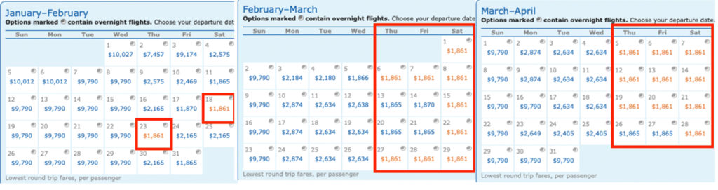 Calendar of dates available for Virgin Atlantic LAX to JNB mileage runs to earn Delta MQDs.