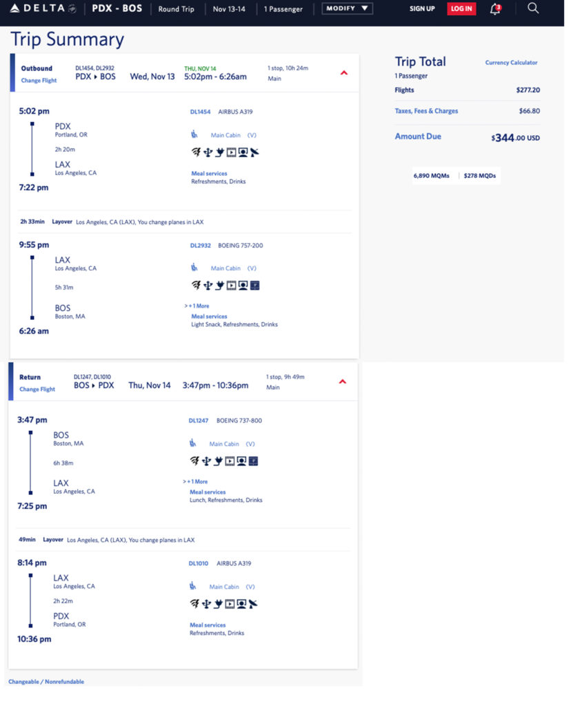 Delta Air Lines weeknight elite mileage run from PDX to BOS in November 2019.
