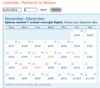Calendar of Delta Air Lines weeknight elite mileage run from PDX to BOS in November 2019.
