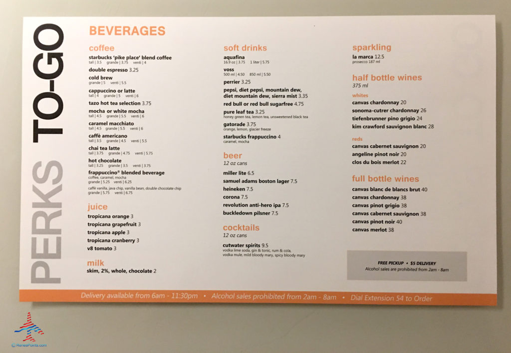 A menu of room service and take out beverages is seen inside an executive king bedroom at the Hyatt Regency O'Hare Chicago airport hotel in Rosemont, Illinois.