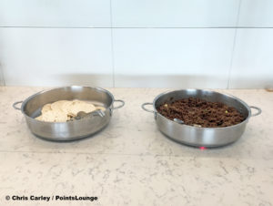 Korean beef and pancakes are seen at the United Club LAX airport lounge in Los Angeles, California.