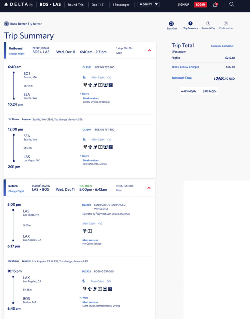 Delta Air Lines mileage run from Boston to Las Vegas on December 11, 2019.